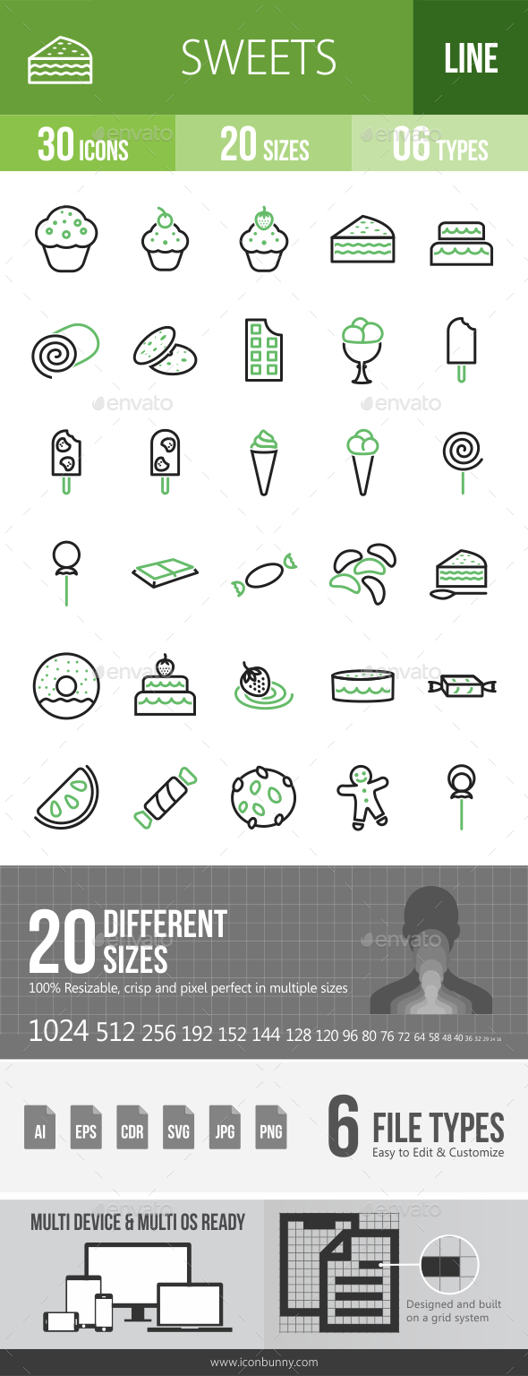 30 Sweets & Confectionery Green & Black Line Icons - Icons