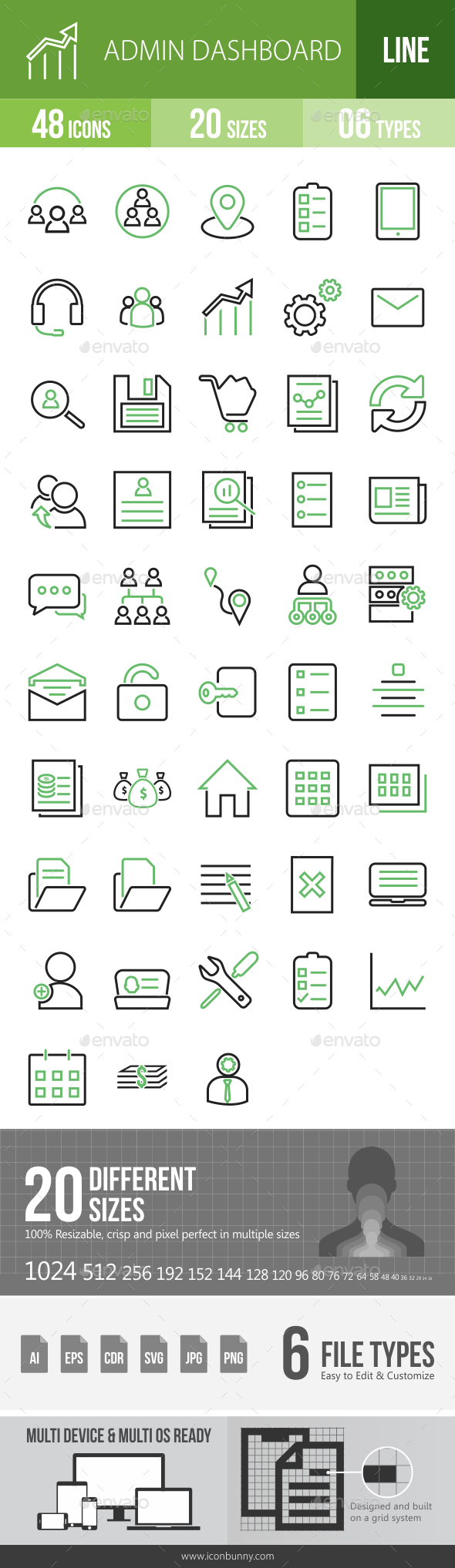 48 Admin Dashboard Green & Black Line Icons - Icons
