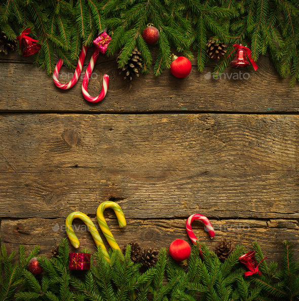 Christmas border with fir tree branches, cones, christmas decora - Stock Photo - Images