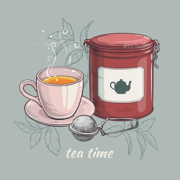GraphicRiver Cup of Tea with Tin Packaging and Tea-Strainer 21194480 GraphicRiver Cup of Tea with Tin Packaging and Tea-Strainer 21194480