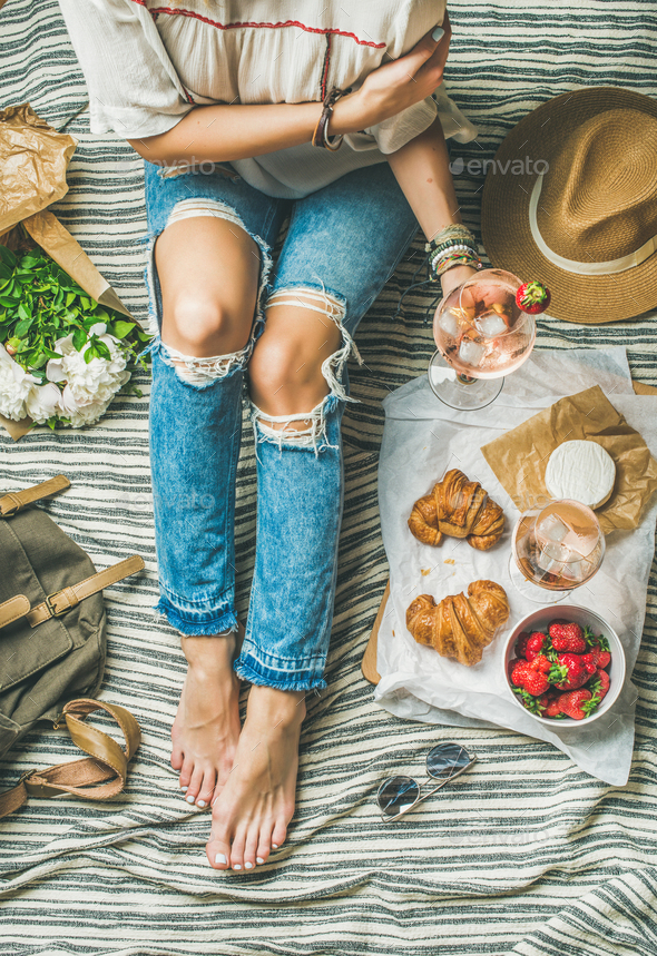 French style romantic outdoor picnic setting with wine and food - Stock Photo - Images