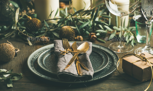 Christmas or New Years eve celebration party table setting - Stock Photo - Images