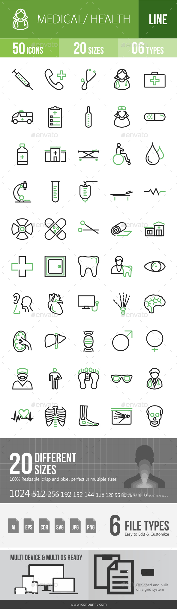 50 Medical Green & Black Line Icons - Icons