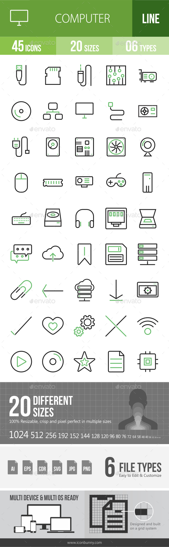 45 Computer & Hardware Green & Black Line Icons - Icons