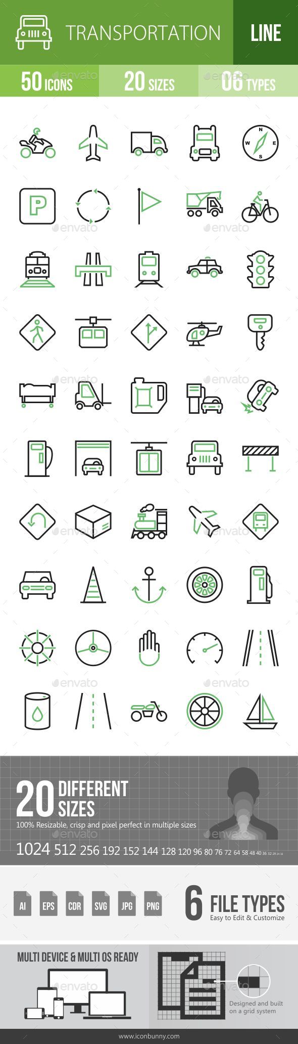 50 Transportation Green and Black Line Icons - Icons