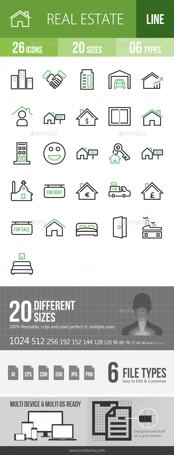 26 Real Estate Green & Black Line Icons - Icons