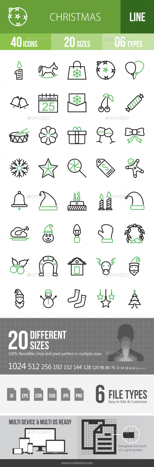 40 Christmas Green & Black Line Icons - Icons
