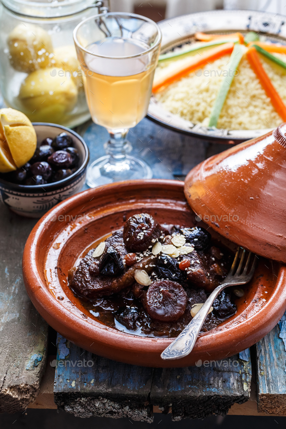 Slow cooked beef with prunes, figs, raisins and almonds moroccan