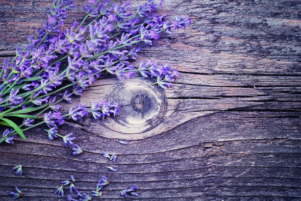 Lavender flowers (Lavandula) on an old wooden background Stock Photo by  Nataljusja