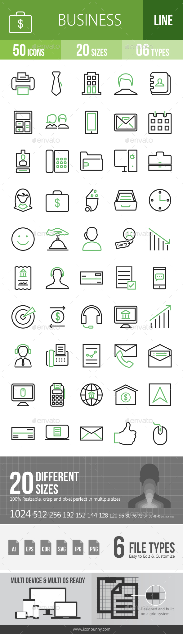 50 Business & Finance Green & Black Line Icons - Icons