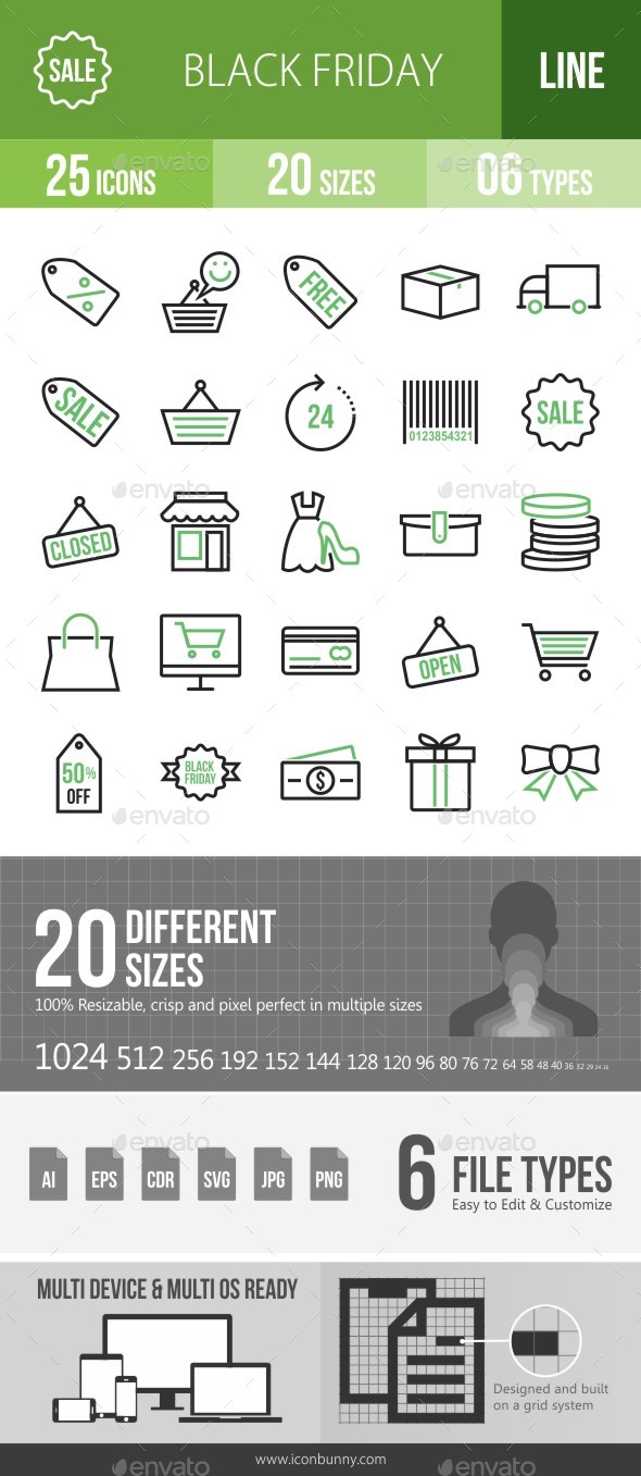 25 Black Friday Green & Black Line Icons - Icons