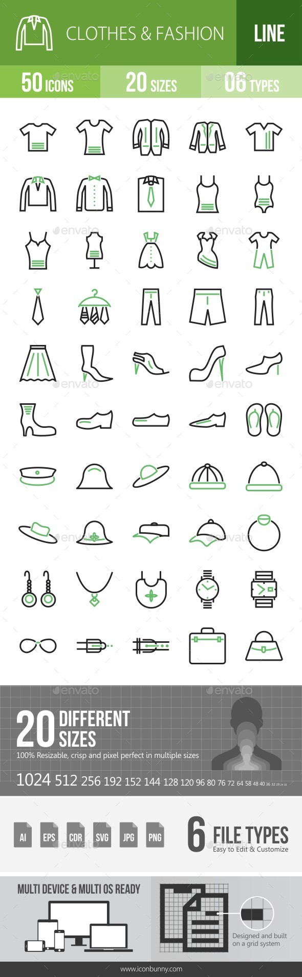 50 Clothes & Fashion Green & Black Line Icons - Icons