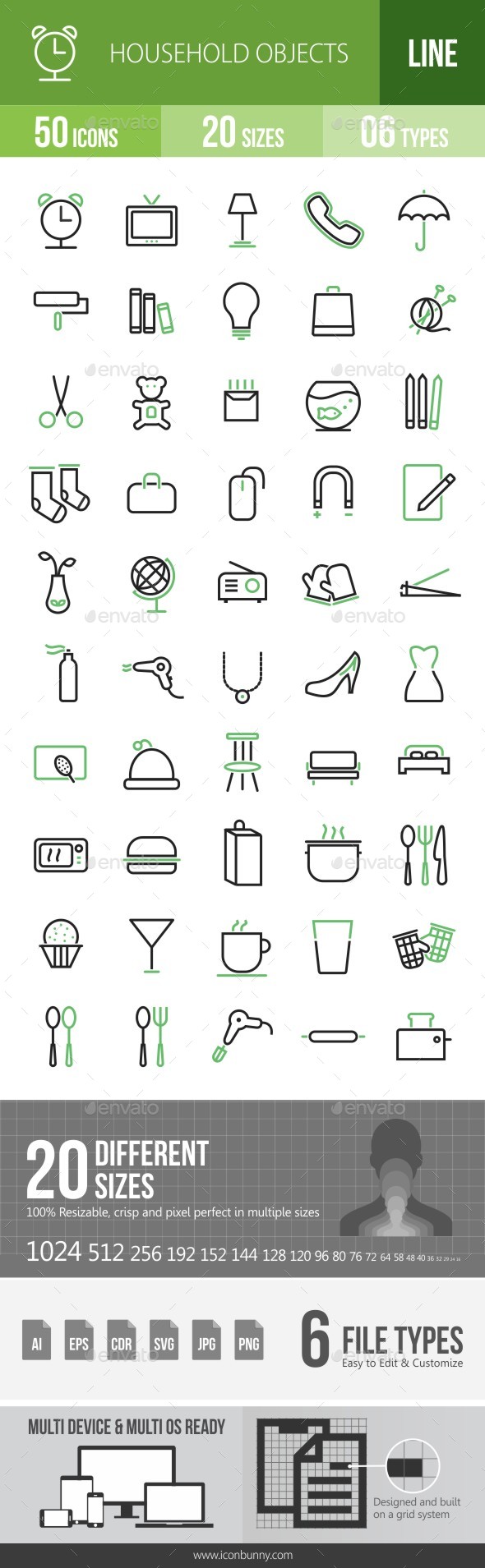 50 Household Objects Green & Black Line Icons - Icons