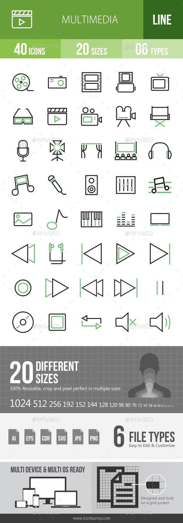 40 Multimedia Green & Black Line Icons - Icons