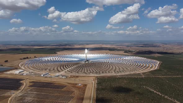 Aerial drone view of Thermosolar Plant in Spain. Solar energy. Green energy. Renewable energy.