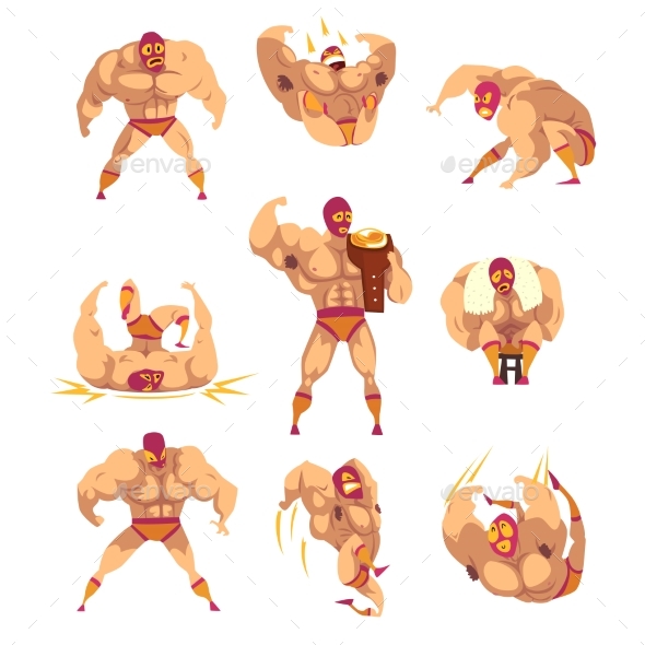 Set of Professional Muscular Wrestler - Sports/Activity Conceptual