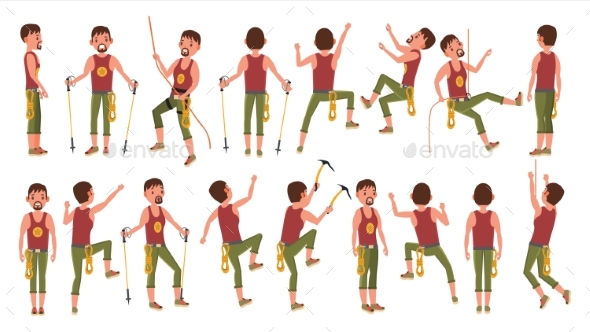 Rock Climber Boy Set Vector - People Characters