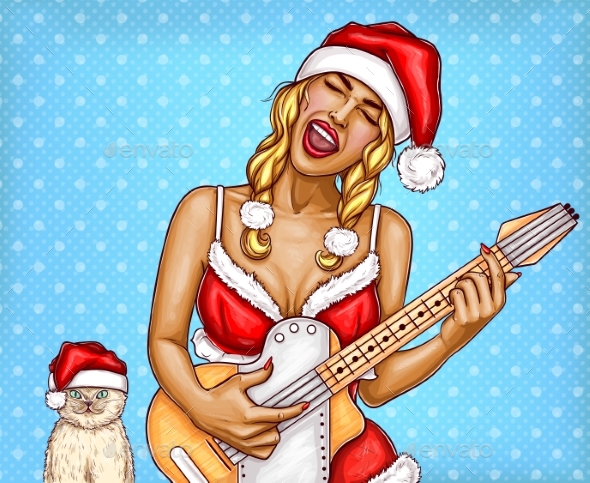 Vector Pop Art Christmas Girl Playing Guitar - People Characters