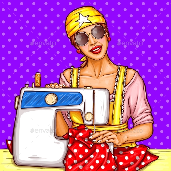 Vector Pop Art Girl with Sewing Machine - People Characters