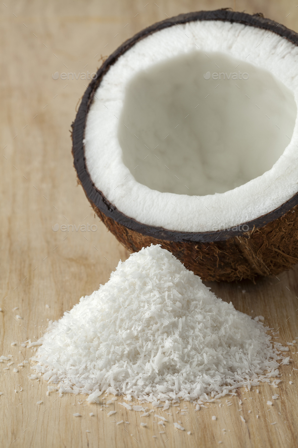 Coconuts with white shredded coconut meat Stock Photo by picturepartners