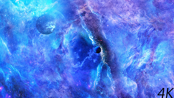 Journey Through Abstract Blue Space Nebula with Planets and Big Blue Star