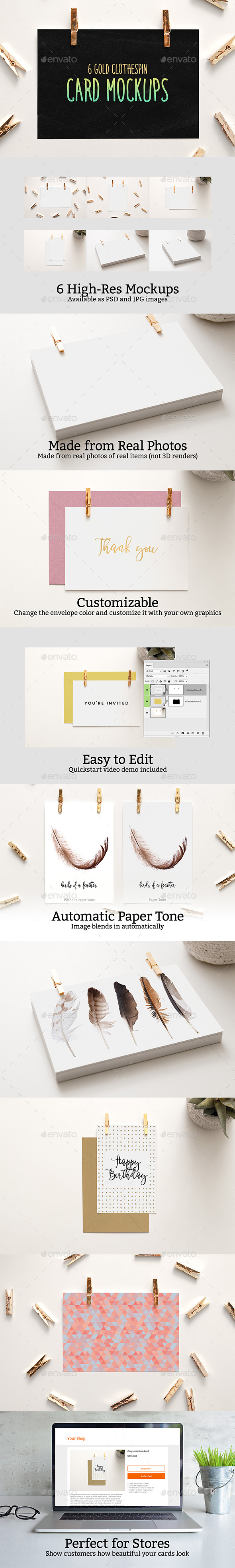 6 Gold Clothespin-Style Card Mockups - Print Product Mock-Ups