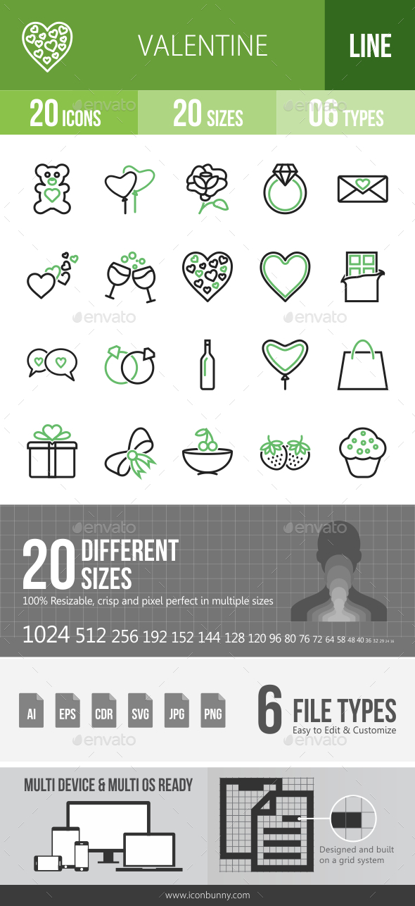 20 Valentine Green & Black Line Icons - Icons