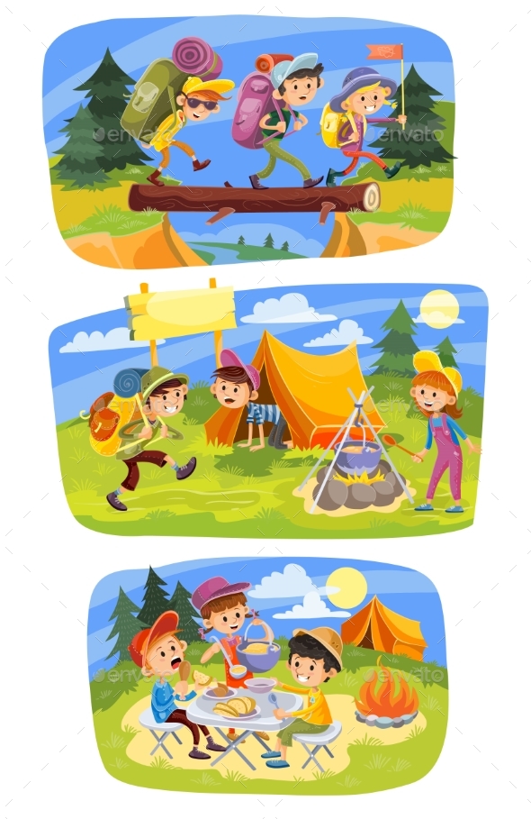 Kids Summer Camping Vector Concept Illustration - Sports/Activity Conceptual