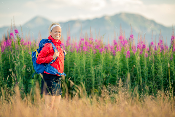 Woman hiking in mountains, adventure and travel - Stock Photo - Images