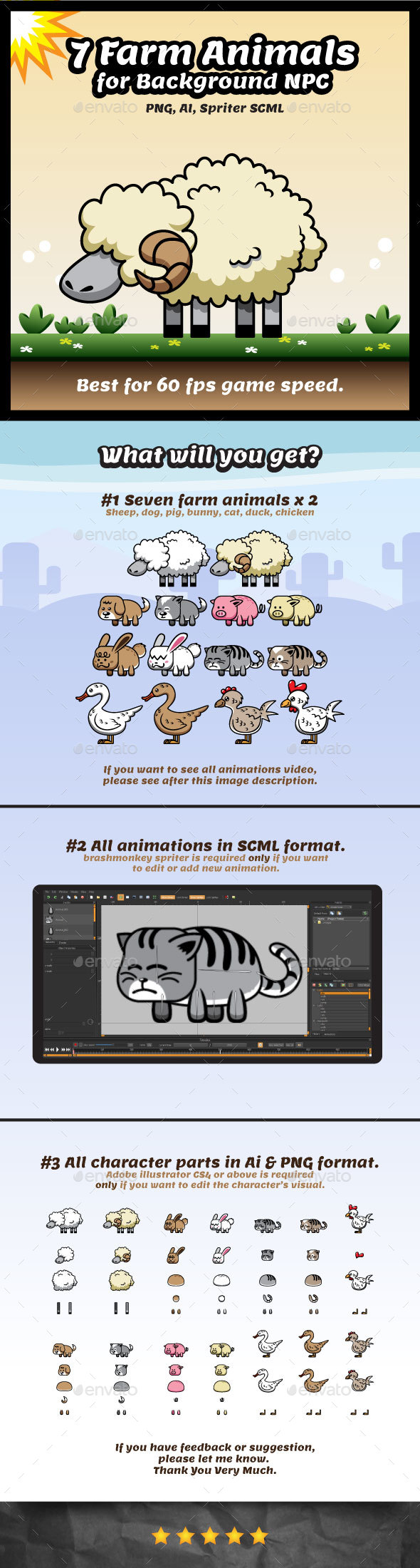 Farm Animal Game Character Sprites | NPC for Background - Sprites Game Assets