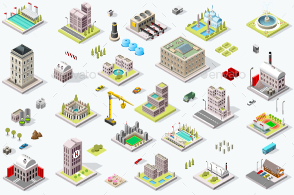 Isometric City Building Icons - Vectors