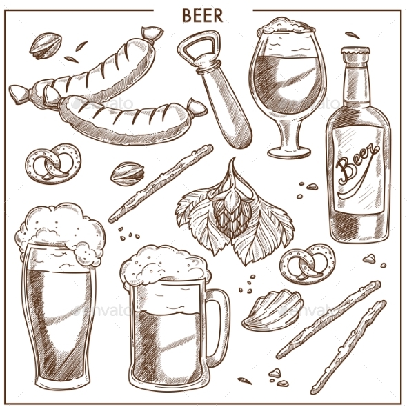 Beer of High Quality and Tasty Snacks Sketches Set - Food Objects