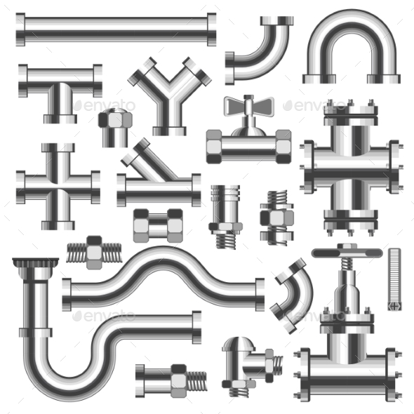 Silver Tubes and Pipeline Details with Cranes Set - Industries Business