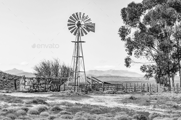 Windmill, dam and a kraal. Monochrome - Stock Photo - Images