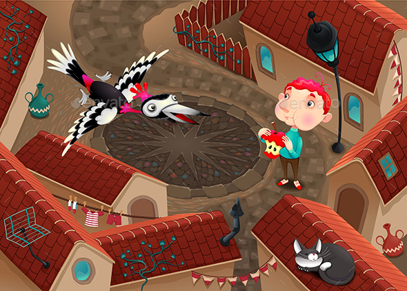 The Woodpecker and Boy with Apple - Animals Characters