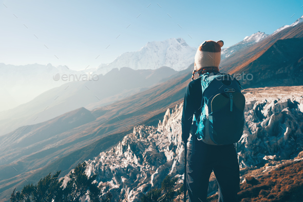 Landscape with girl and mountains in Nepal - Stock Photo - Images