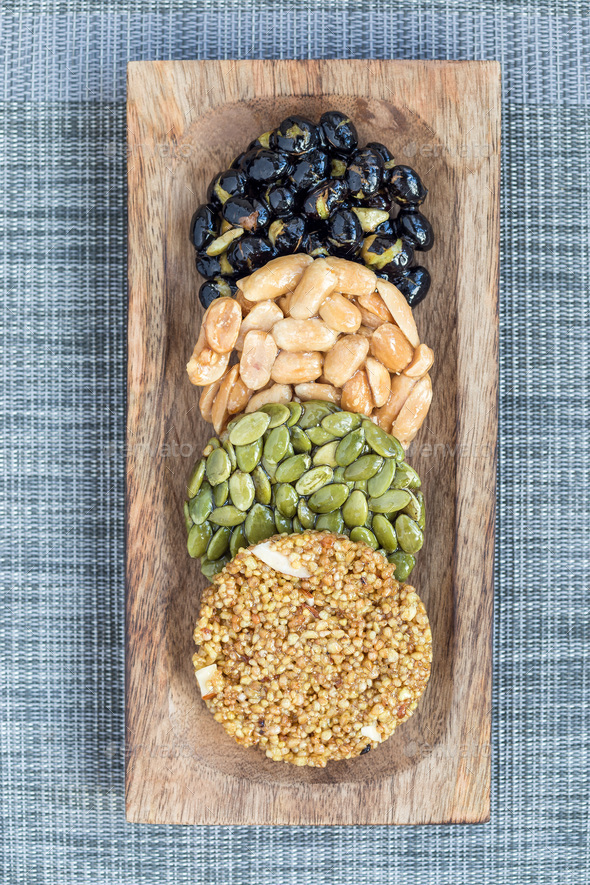 Korean traditional sweet snacks. Healthy energy snacks. Top view, vertical - Stock Photo - Images