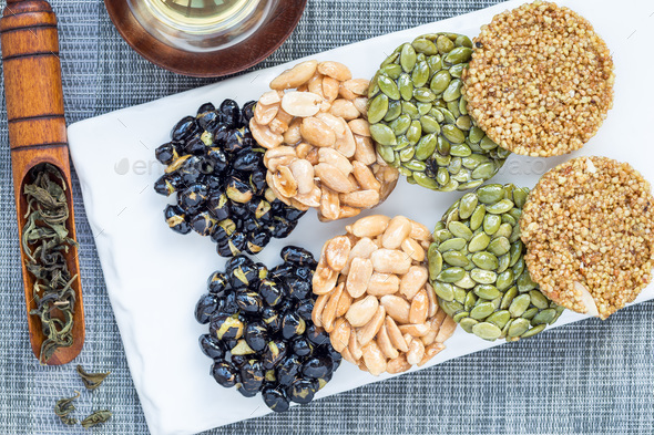Korean traditional sweet snacks. Healthy energy snacks. Top view, horizontal - Stock Photo - Images