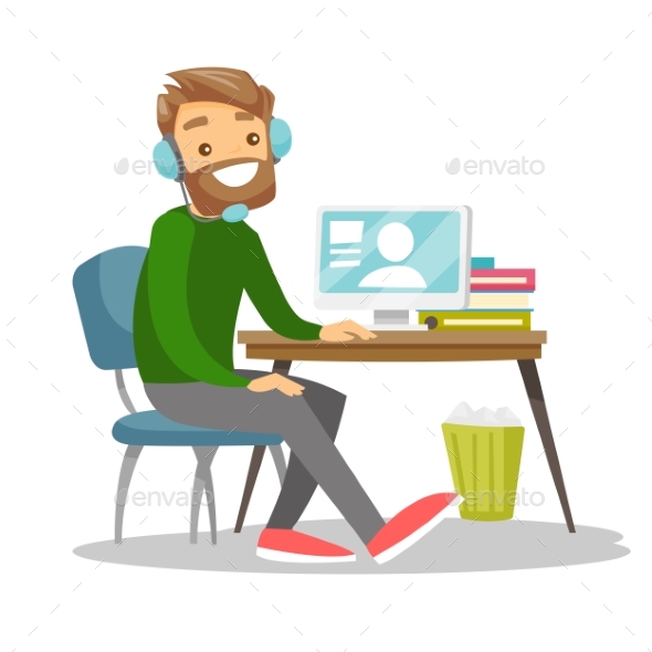 Man Using Headset and Computer in Call Center - People Characters