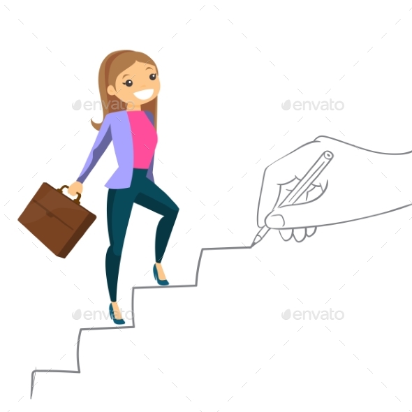Young Business Woman Climbing the Career Ladder - Concepts Business