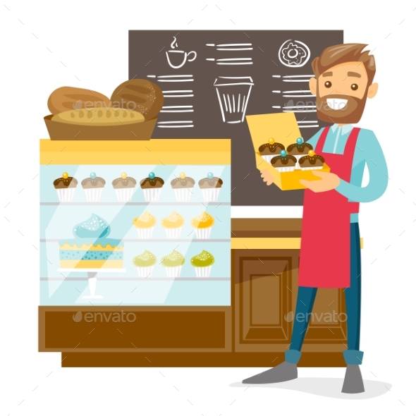 Young Worker of the Bakery Offering Cupcakes - People Characters