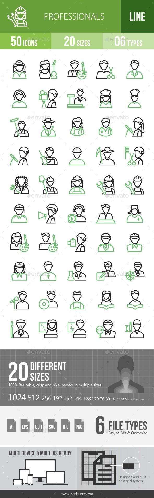 50 Professionals Green & Black Line Icons - Icons