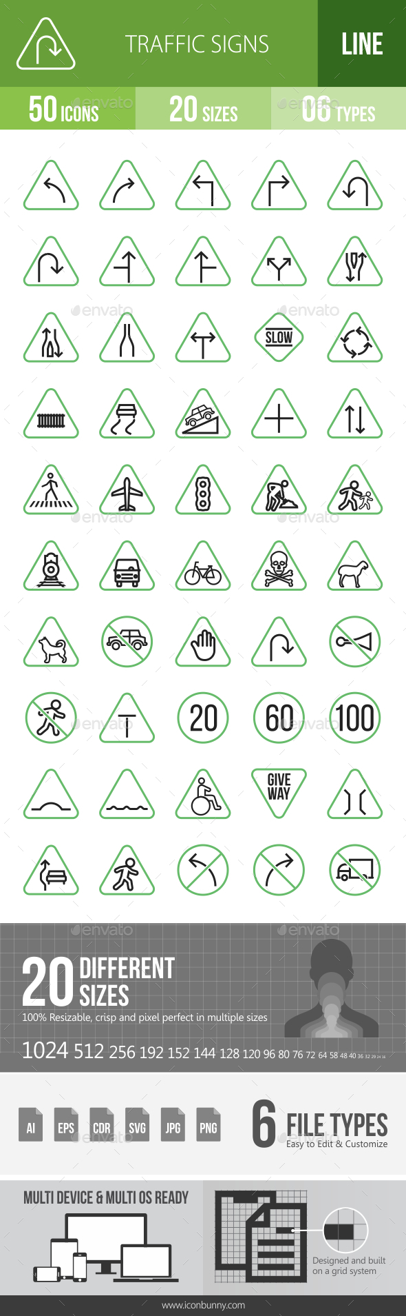 50 Traffic Signs Green & Black Line Icons - Icons