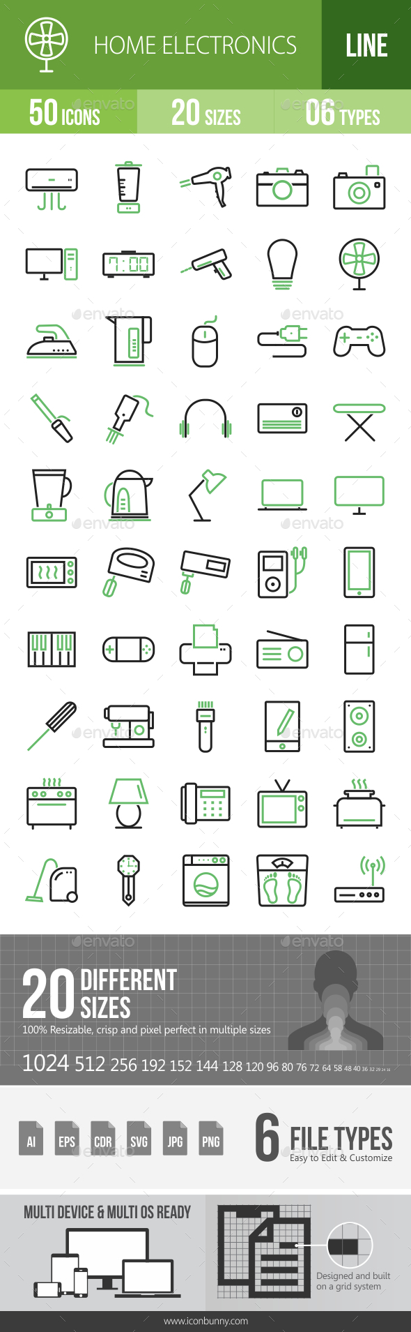 50 Home Electronics Green & Black Line Icons - Icons