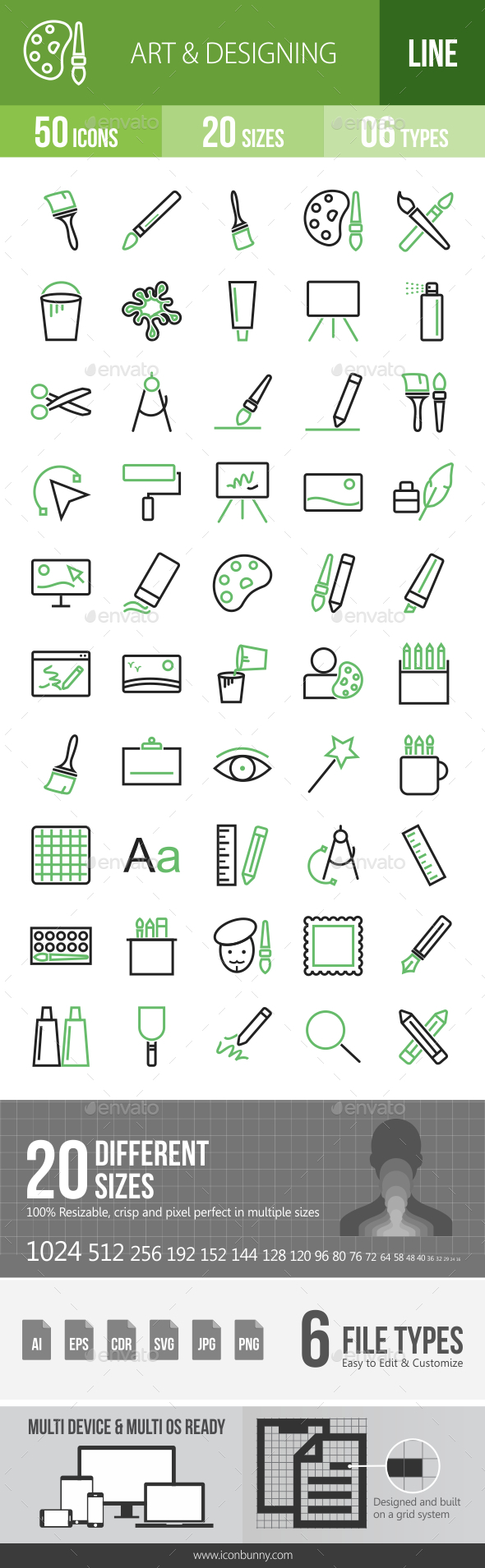 50 Art & Designing Green & Black Line Icons - Icons
