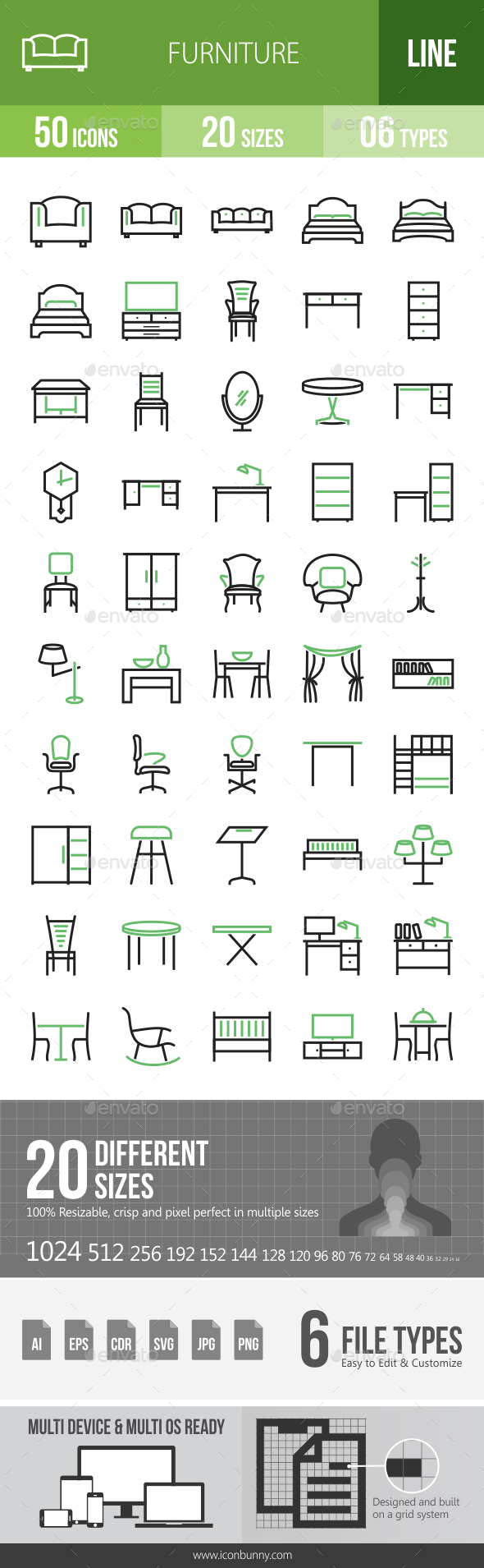50 Furniture Green & Black Line Icons - Icons