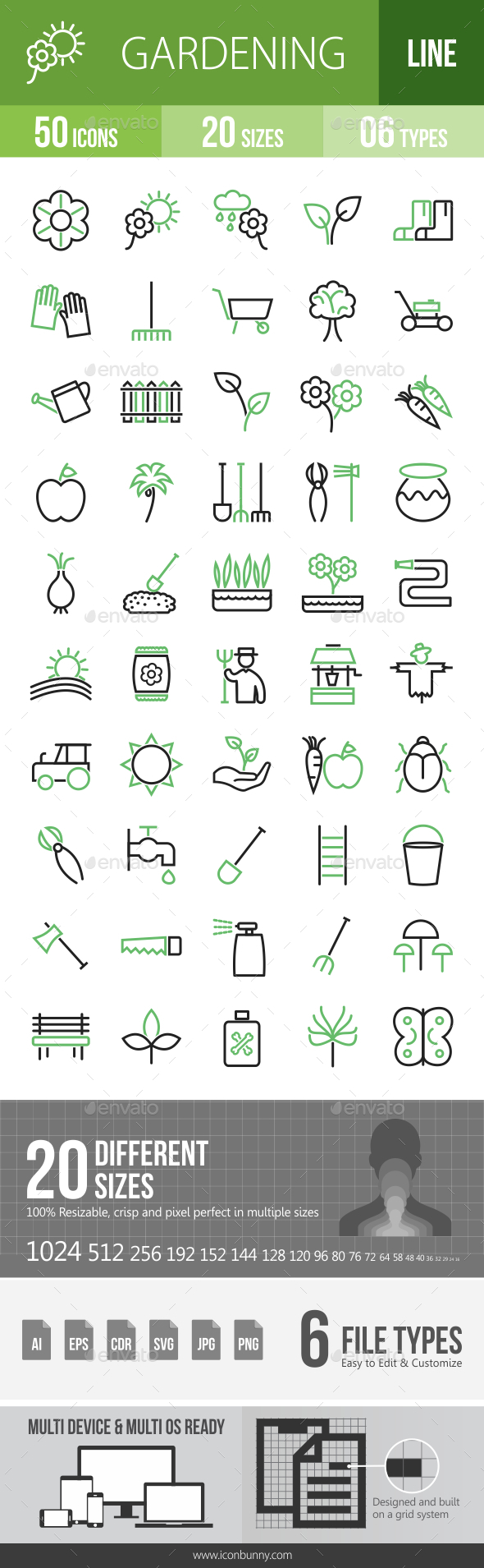 50 Gardening Green & Black Line Icons - Icons