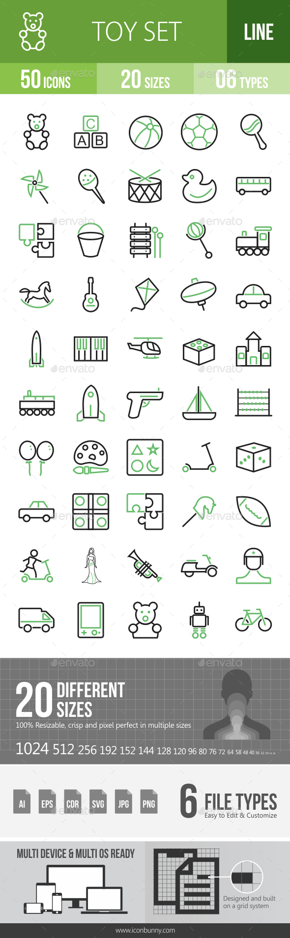 50 Toy Set Green & Black Line Icons - Icons