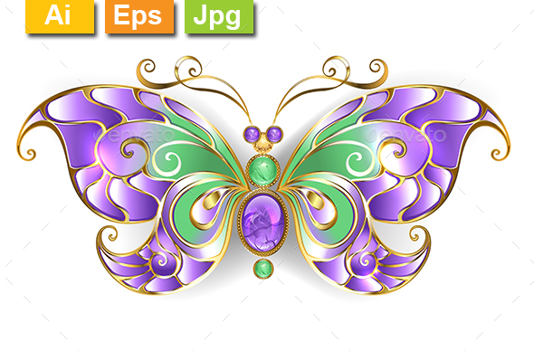 Gold Butterfly with Amethyst - Man-made Objects Objects