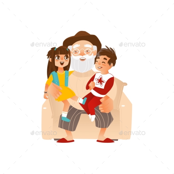 Grandfather Holding Grandkids, Grandchildren - People Characters